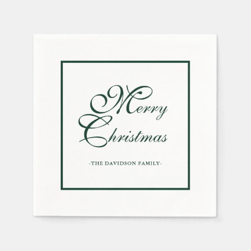 Elegant Green Script Personalized White Christmas Napkins