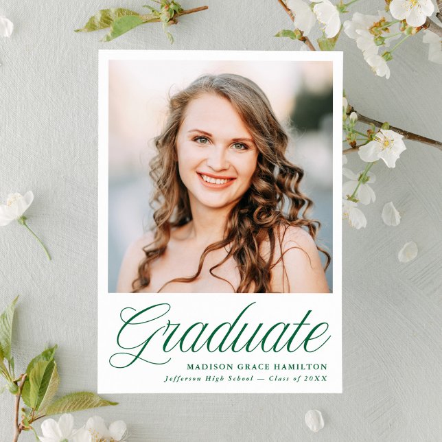 Elegant Green Script Photo Graduation Announcement (Creator Uploaded)