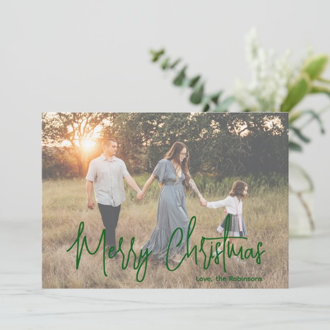 Elegant Green Script Photo Modern Christmas Holiday Card (Standing Front)