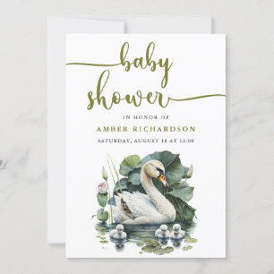 Elegant Green Script Swan Minimalist Baby Shower Invitation