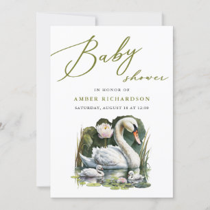 Elegant Green Script Swan Minimalist Baby Shower Invitation
