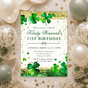 Elegant Green Shamrock 21st Birthday Invitation