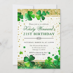 Elegant Green Shamrock 21st Birthday Invitation
