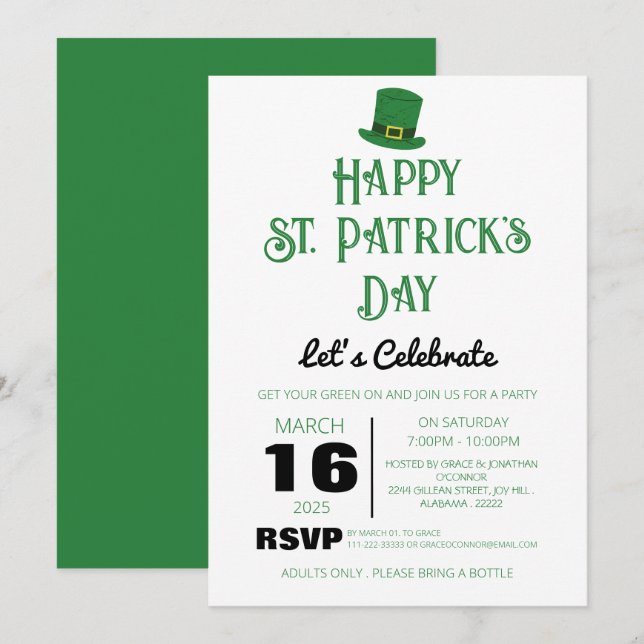 Elegant Green Shamrock St. Patrick's Day Party Invitation (Front/Back)