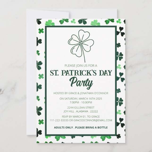 Elegant Green Shamrock St. Patrick's Day Party Invitation (Front)