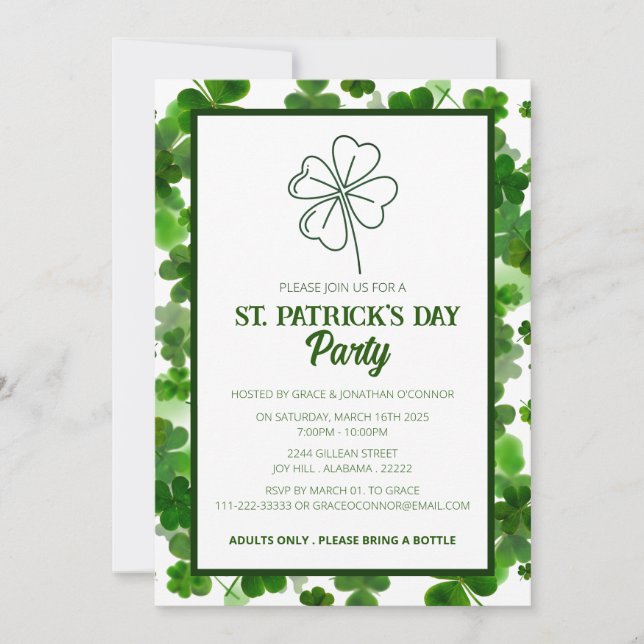 Elegant Green Shamrock St. Patrick's Day Party Invitation (Front)