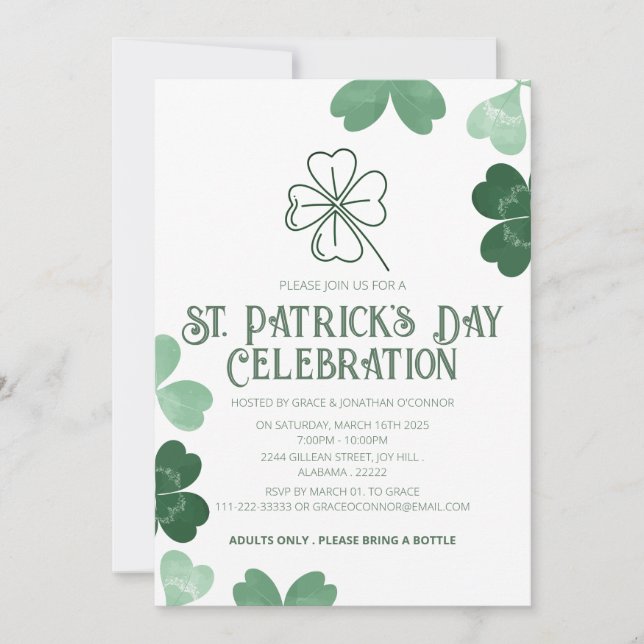 Elegant Green Shamrock St. Patrick's Day Party Invitation (Front)