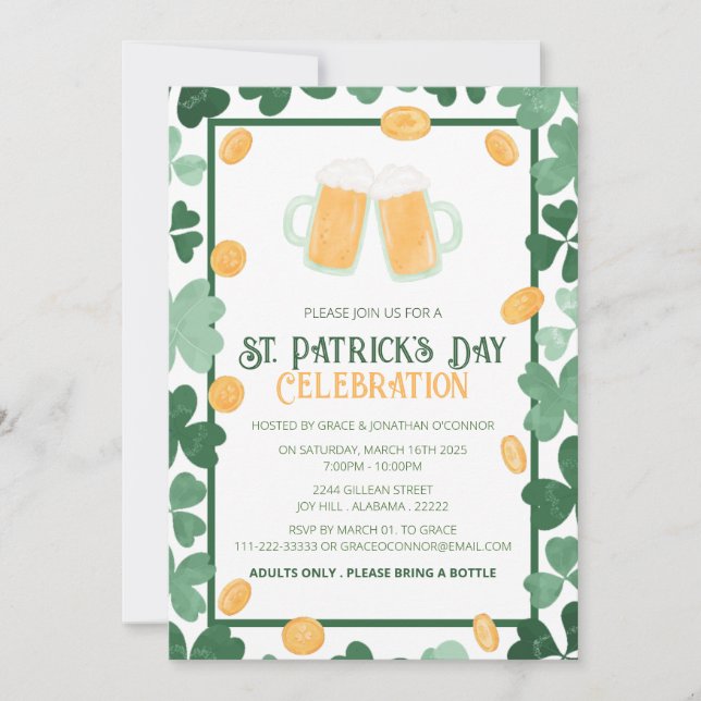 Elegant Green Shamrock St. Patrick's Day Party Invitation (Front)