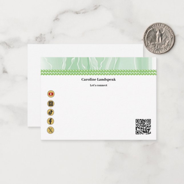 Elegant Green Silk, Social Media & QR Code Note Card (Front/Back In Situ)