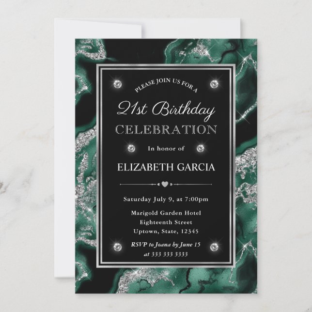 Elegant Green & Silver Glitter Agate 21st Birthday Invitation (Front)
