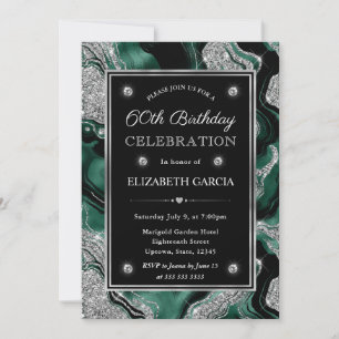 Elegant Green & Silver Glitter Agate 60th Birthday Invitation