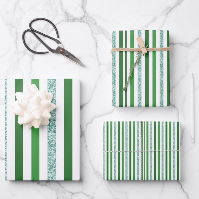 Elegant Green & Silver Glitter Stripes Wrapping Paper Sheets (Front)