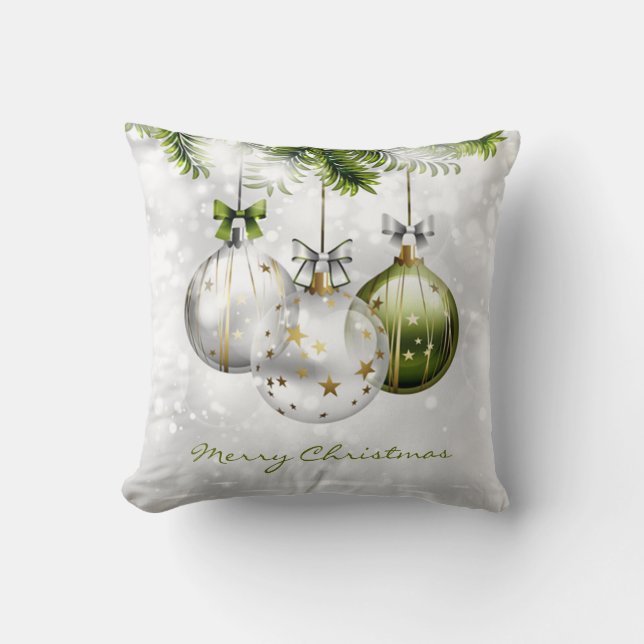 Elegant Green Silver Gold Christmas Ornaments Throw Pillow (Front)