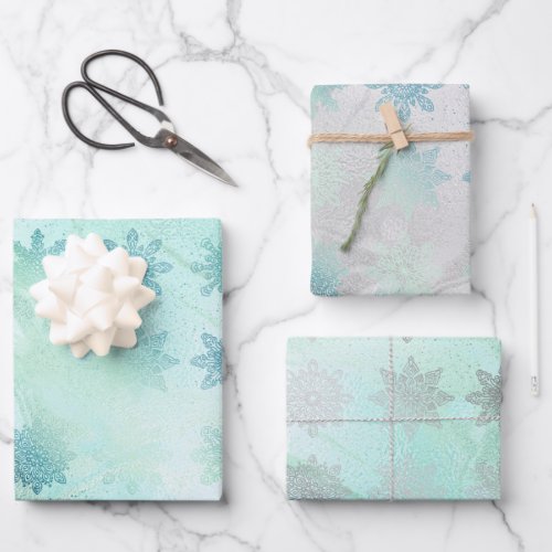 Elegant green silver marble snowflakes Christmas  Wrapping Paper Sheets