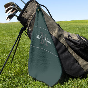 Elegant Green Silver Monogram Custom Name Golf Towel