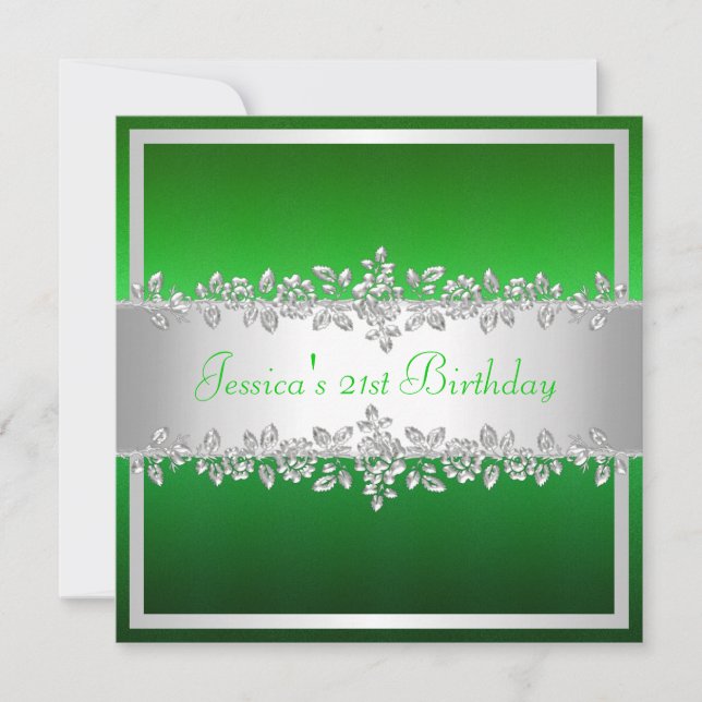 Elegant Green Silver Roses Birthday Party Invitation (Front)