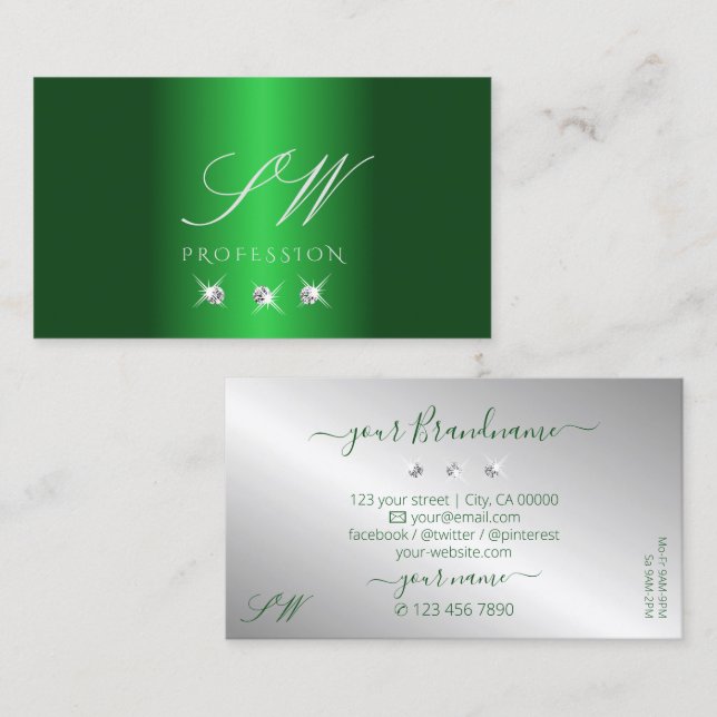 Elegant Green Silver Sparkling Diamonds Initials Business Card (Front/Back)