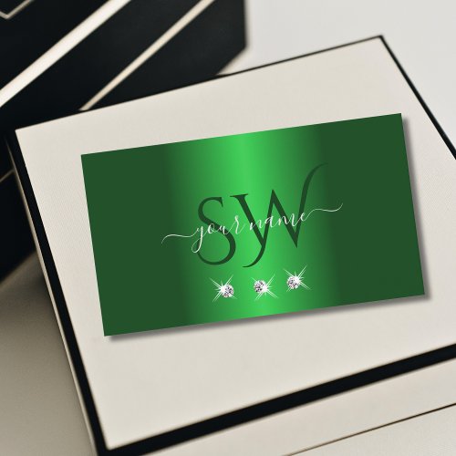 Elegant Green Silver Sparkling Diamonds Monogram Business Card