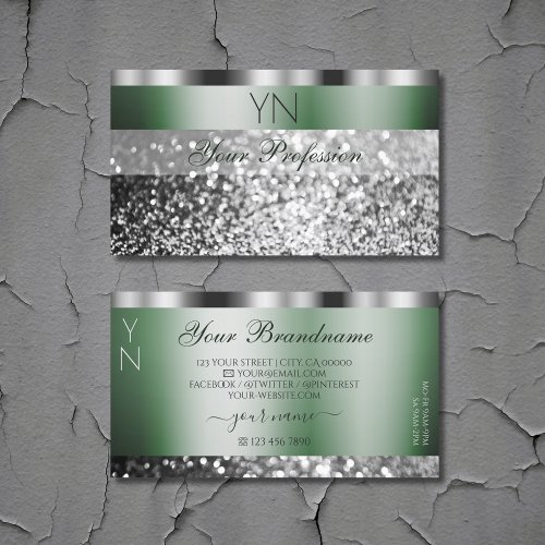 Elegant Green Silver Sparkling Glitter Monogram Business Card