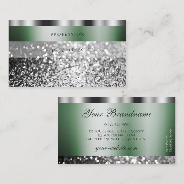 Elegant Green Silver Sparkling Glitter Shimmery Business Card (Front/Back)