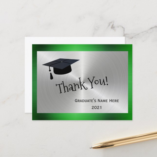 Elegant Green Silver Thank You Graduation Postcard (Front/Back In Situ)