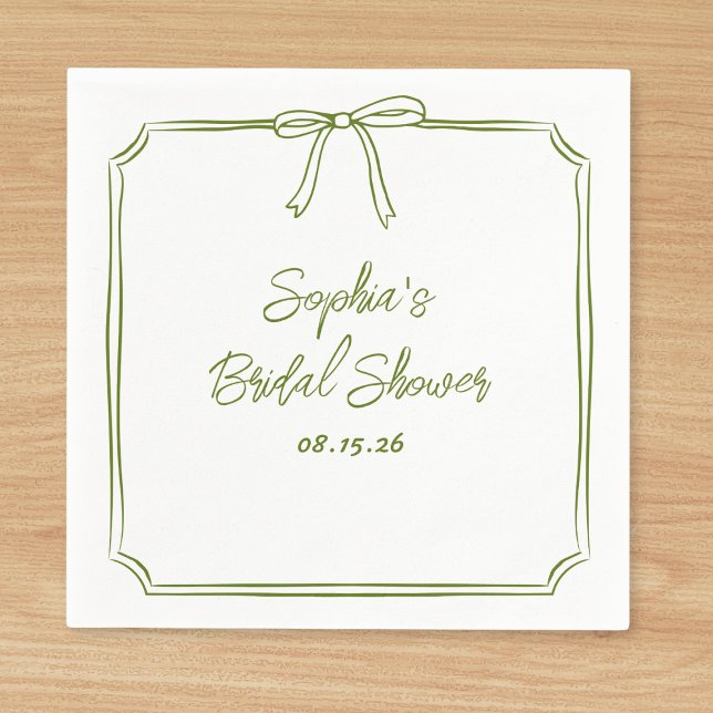 Elegant Green Simple Classic Bow Bridal Shower Napkins (Customize these olive green napkins for a bridal shower—adding a refined touch to your celebration.)