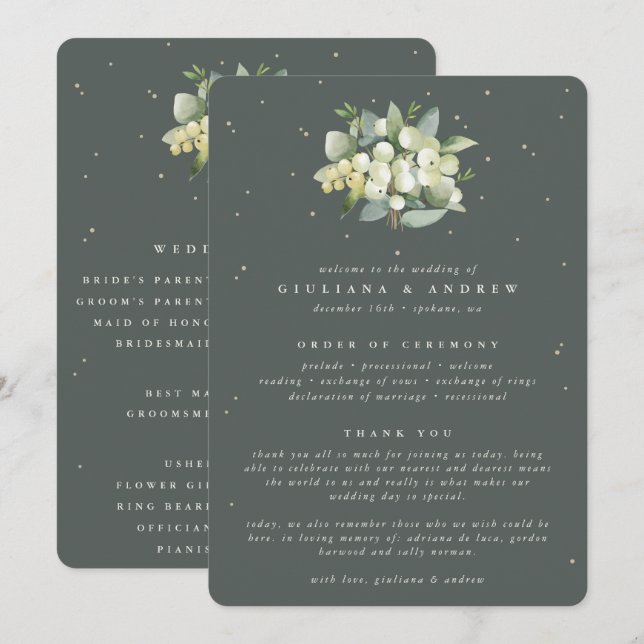Elegant Green Snowberry+Eucalyptus Bouquet Wedding Program (Front/Back)