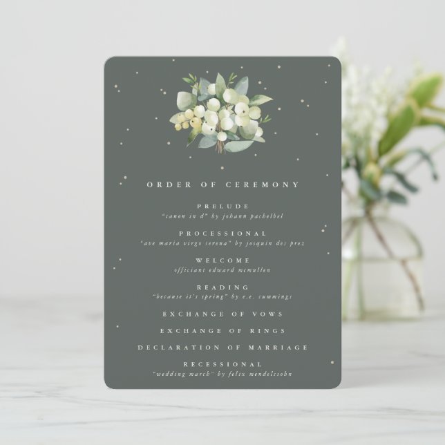 Elegant Green Snowberry+Eucalyptus Bouquet Wedding Program (Standing Front)