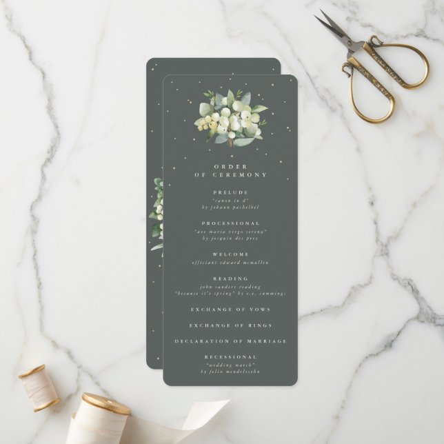 Elegant Green Snowberry+Eucalyptus Bouquet Wedding Program (Front/Back In Situ)