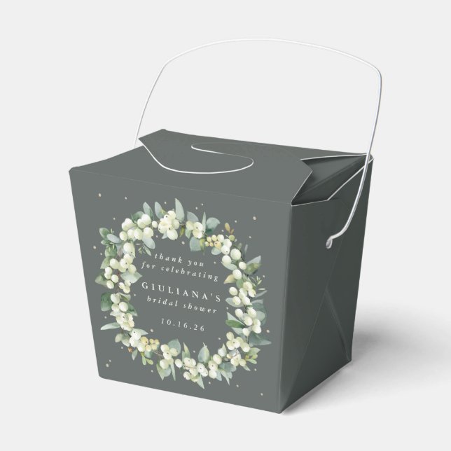 Elegant Green Snowberry+Eucalyptus Bridal Shower Favor Boxes (Front Side)