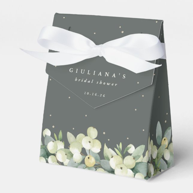 Elegant Green Snowberry+Eucalyptus Bridal Shower Favor Boxes (Front Side)