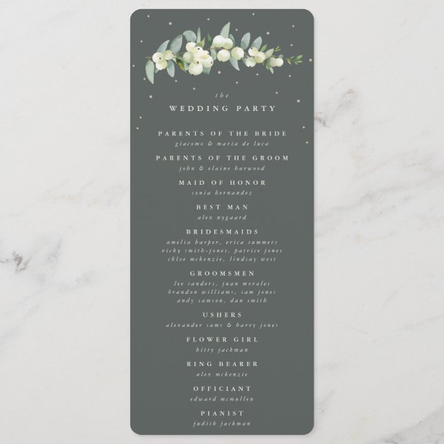 Elegant Green Snowberry+Eucalyptus Stem Wedding Program (Back)