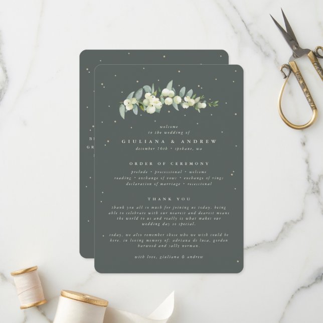 Elegant Green Snowberry+Eucalyptus Stem Wedding Program (Front/Back In Situ)