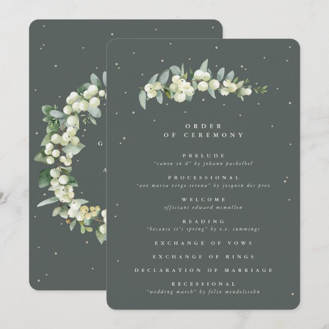 Elegant Green Snowberry+Eucalyptus Stem Wedding Program (Front/Back)