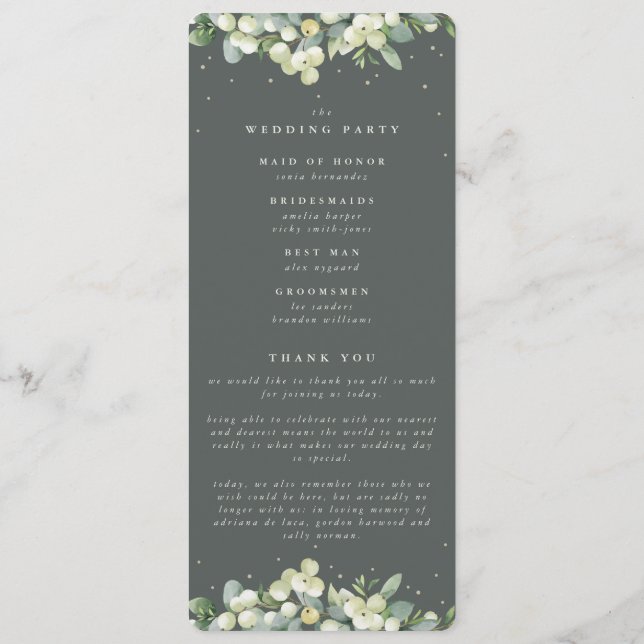 Elegant Green Snowberry+Eucalyptus Stem Wedding Program (Back)
