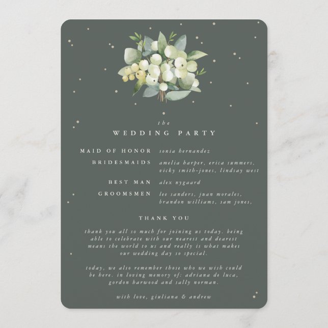 Elegant Green Snowberry+Eucalyptus Winter Wedding Program (Back)