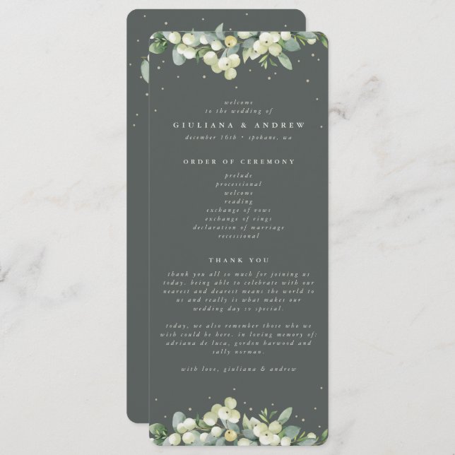 Elegant Green Snowberry+Eucalyptus Winter Wedding Program (Front/Back)