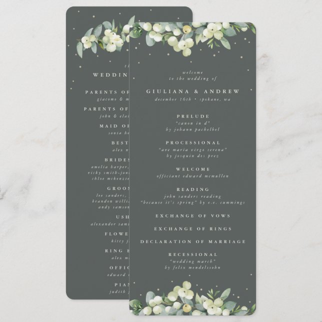 Elegant Green Snowberry+Eucalyptus Winter Wedding Program (Front/Back)