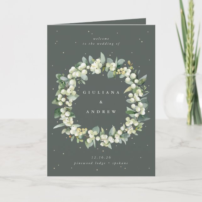Elegant Green Snowberry+Eucalyptus Winter Wedding Program (Front)