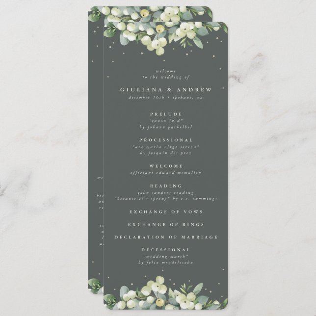 Elegant Green Snowberry+Eucalyptus Winter Wedding Program (Front/Back)