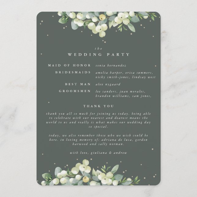 Elegant Green Snowberry+Eucalyptus Winter Wedding Program (Back)