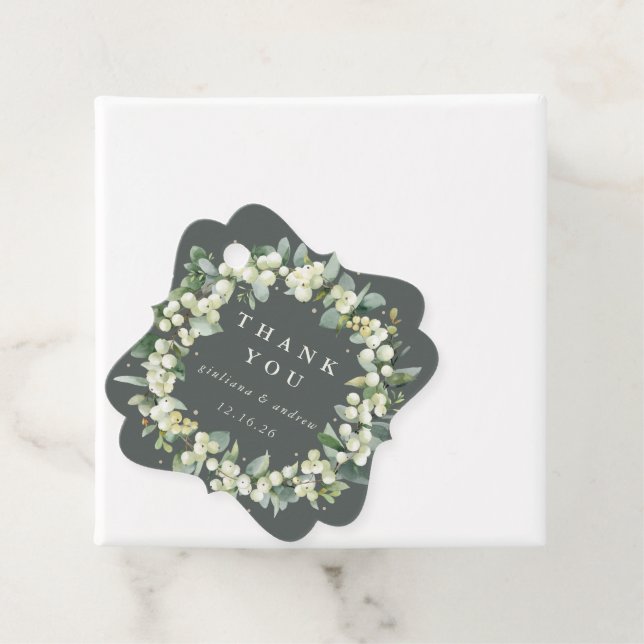Elegant Green Snowberry+Eucalyptus Wreath Wedding Favor Tags (In Situ)