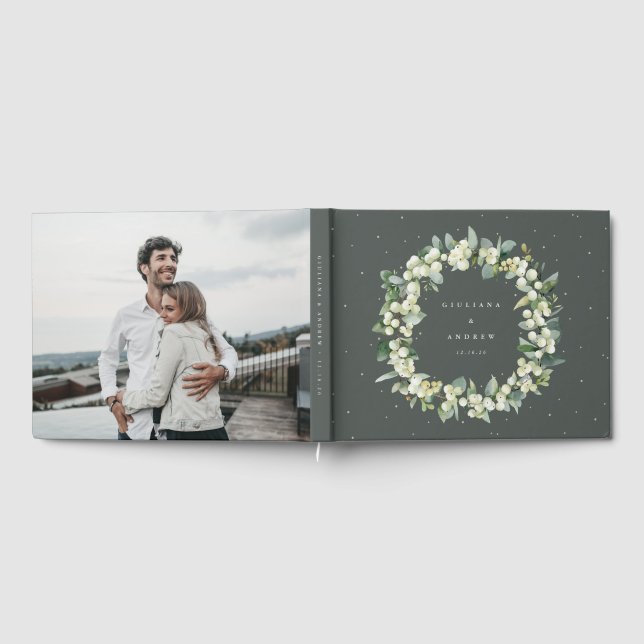 Elegant Green Snowberry+Eucalyptus Wreath Wedding Guest Book (Full)