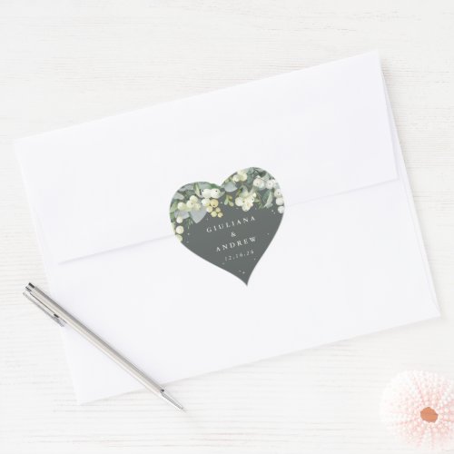 Elegant Green SnowberryEucalyptus Wreath Wedding Heart Sticker