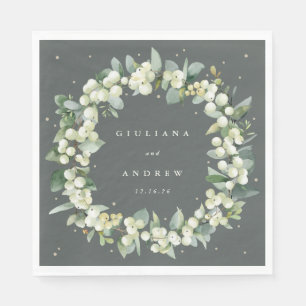 Elegant Green Snowberry+Eucalyptus Wreath Wedding Napkins