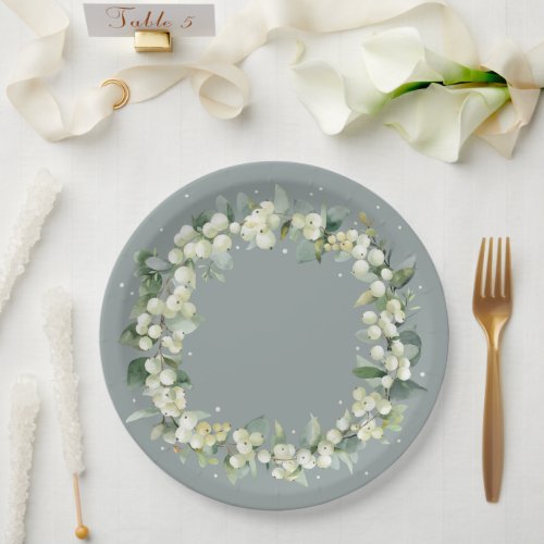 Elegant Green SnowberryEucalyptus Wreath Wedding Paper Plates