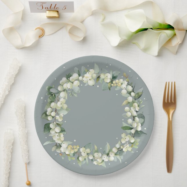 Elegant Green Snowberry+Eucalyptus Wreath Wedding Paper Plates (Wedding)