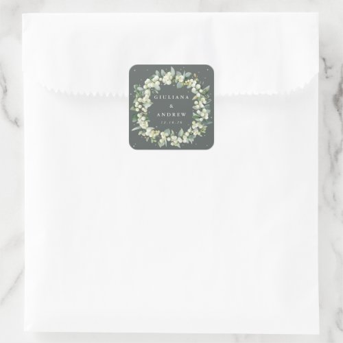 Elegant Green SnowberryEucalyptus Wreath Wedding Square Sticker
