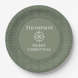 Elegant Green Snowflake Pattern Border Paper Plates