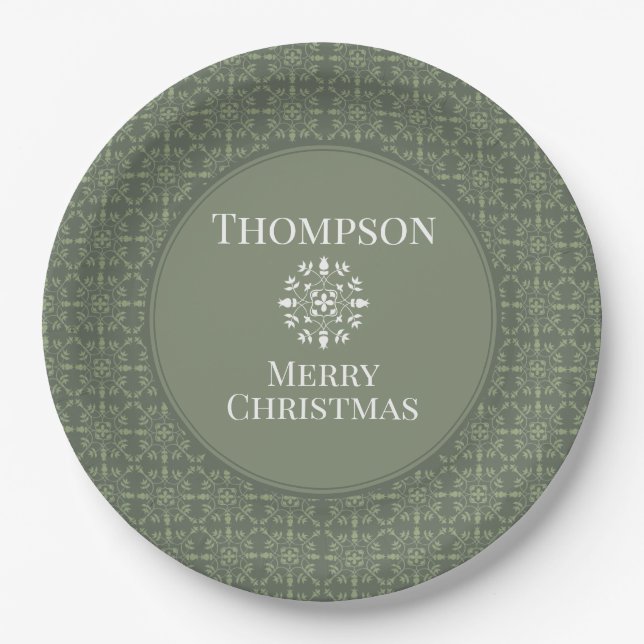 Elegant Green Snowflake Pattern Border Paper Plates (Front)
